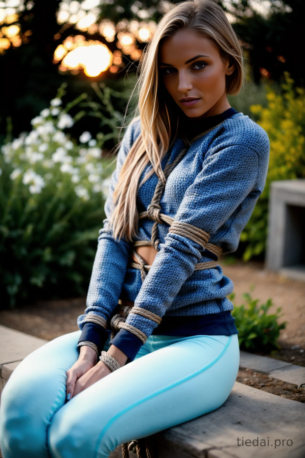 Photo of woman rope tied in a garden