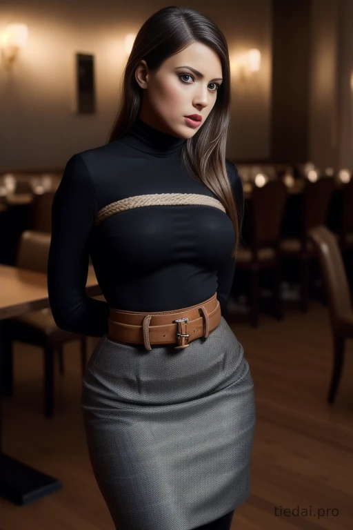 Brunette in black turtleneck tied up by rope