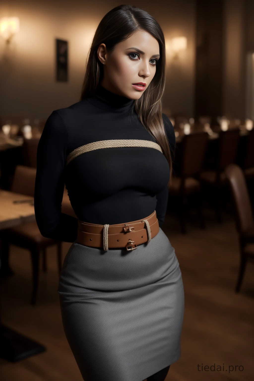 Brunette in black turtleneck tied up by rope