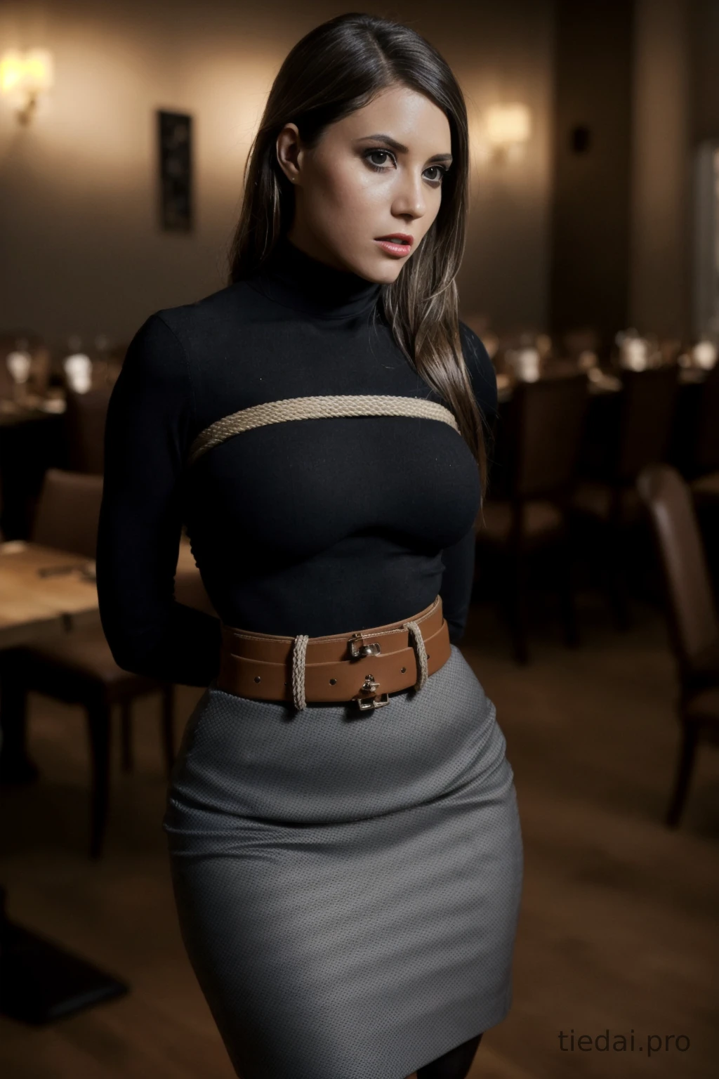 Brunette in black turtleneck tied up by rope