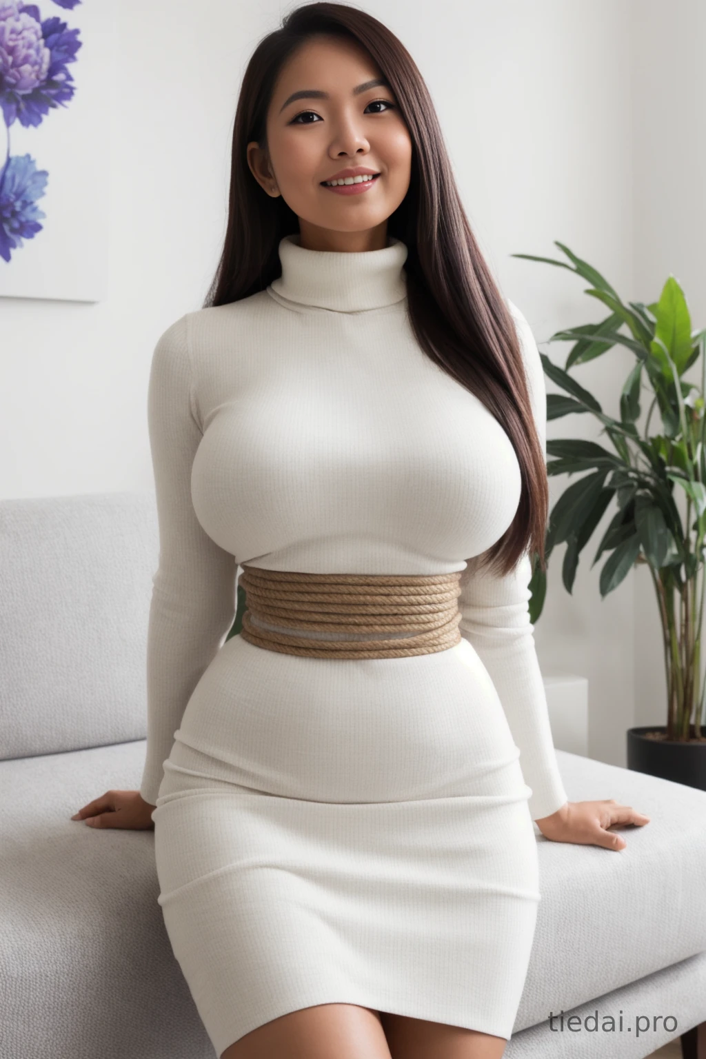 Sexy curvy AI generated Asian with rope wrapping her waist