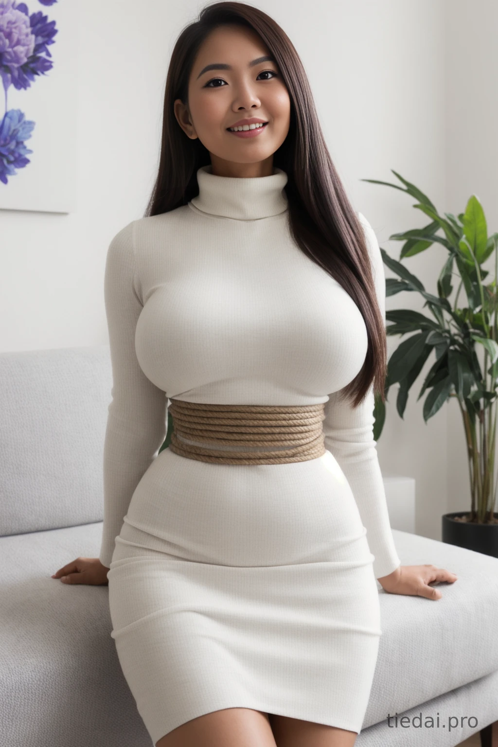 Sexy curvy AI generated Asian with rope wrapping her waist