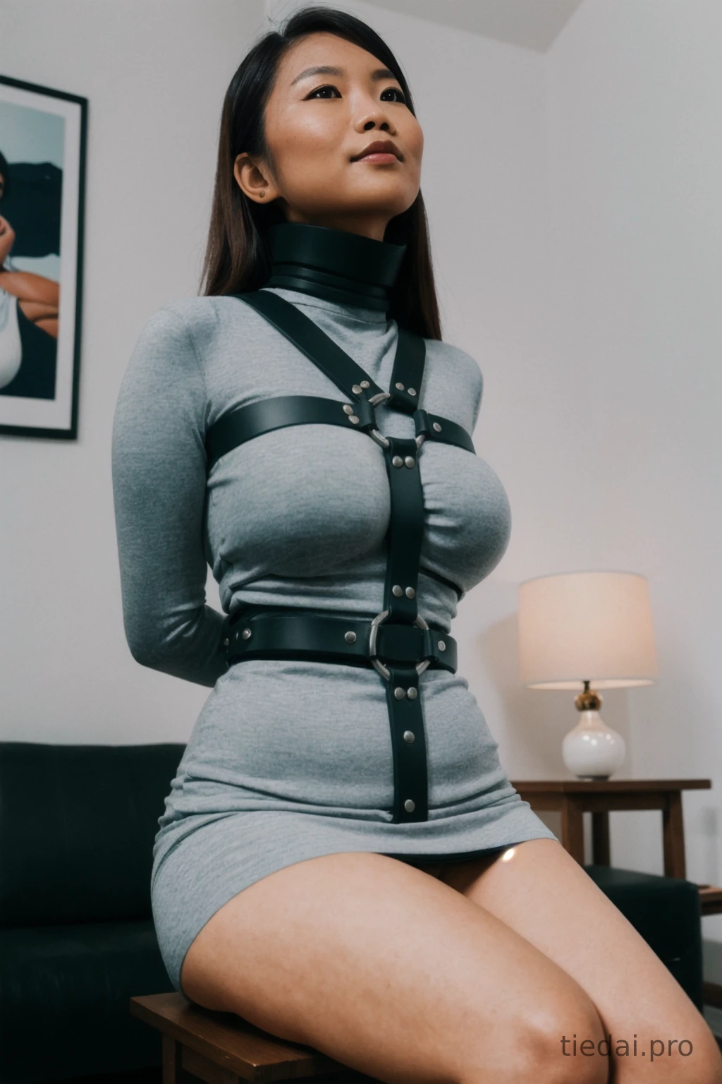 Busty Asian sitting in tight dress and a harness