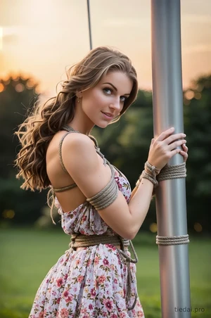 Busty woman in loose sundresses is being tied up