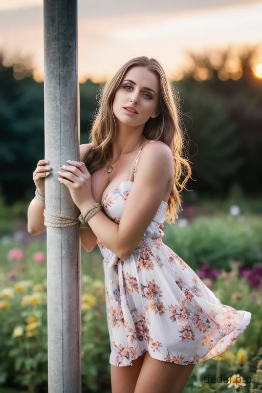 Busty woman in loose sundresses, tied up to the