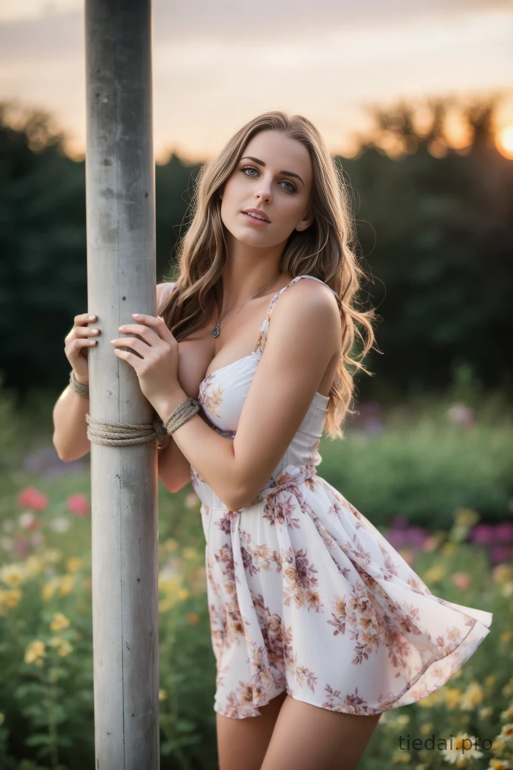 Busty woman in loose sundresses, tied up to the