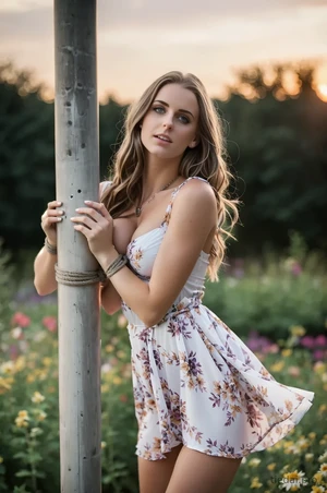 Busty woman in loose sundresses, tied up to the