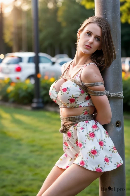 Busty woman in loose sundresses is being tied up