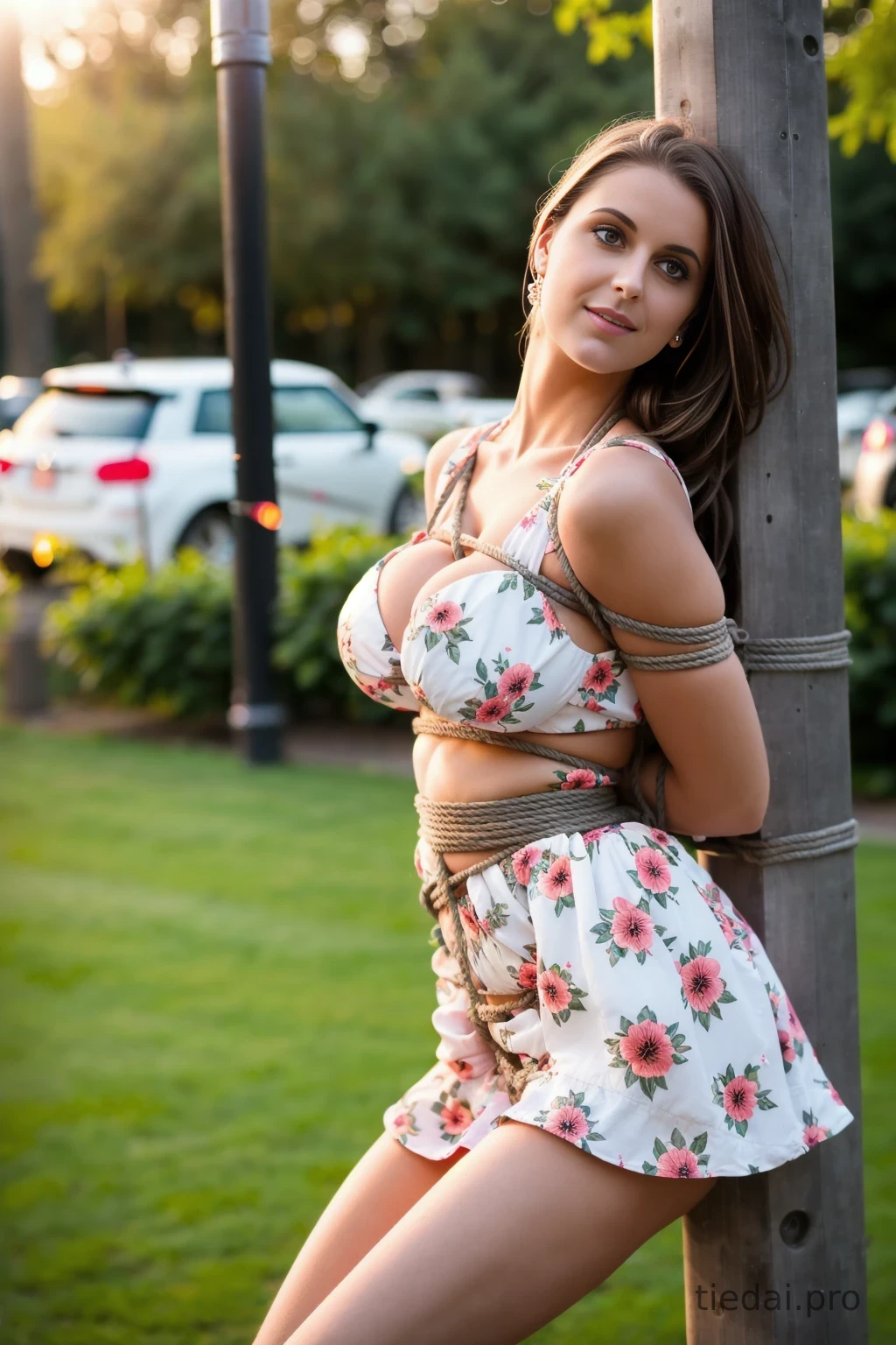 Busty woman in loose sundresses is being tied up