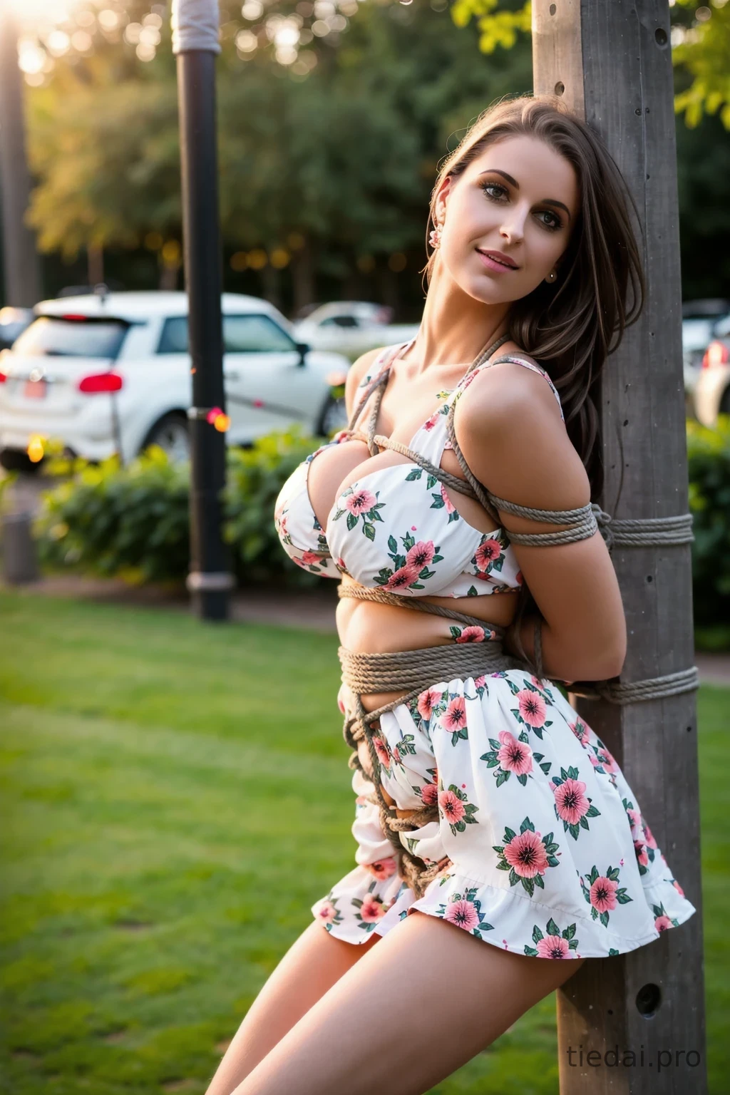 Busty woman in loose sundresses is being tied up