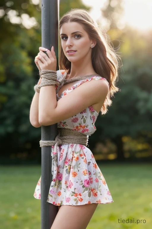 Busty woman in loose sundresses is being tied up