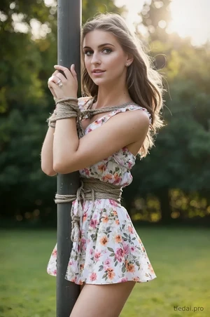 Busty woman in loose sundresses is being tied up