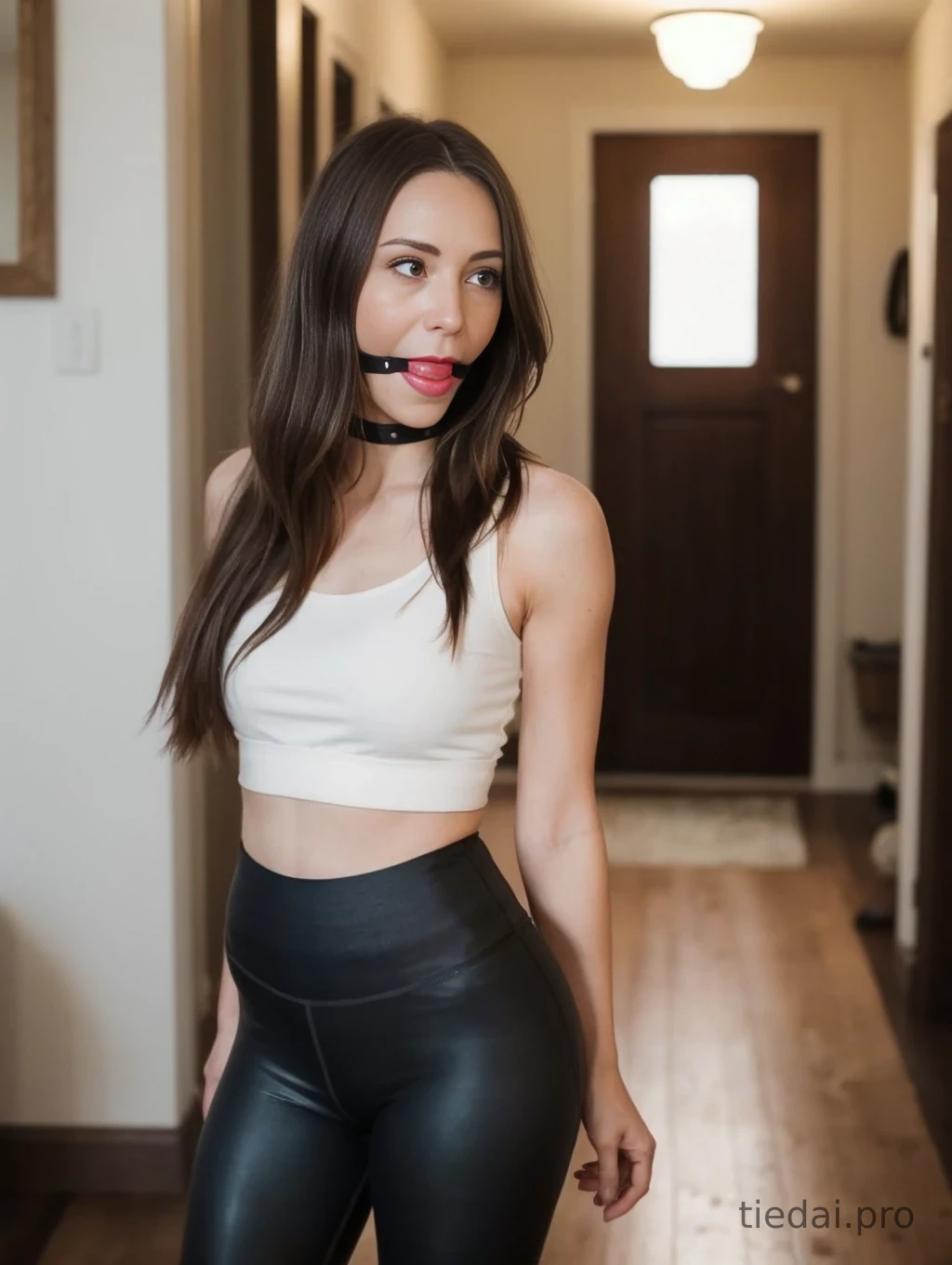 AI generated girl in leggings in ballgag