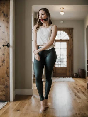 AI generate brunette in ballgag standing in hallway