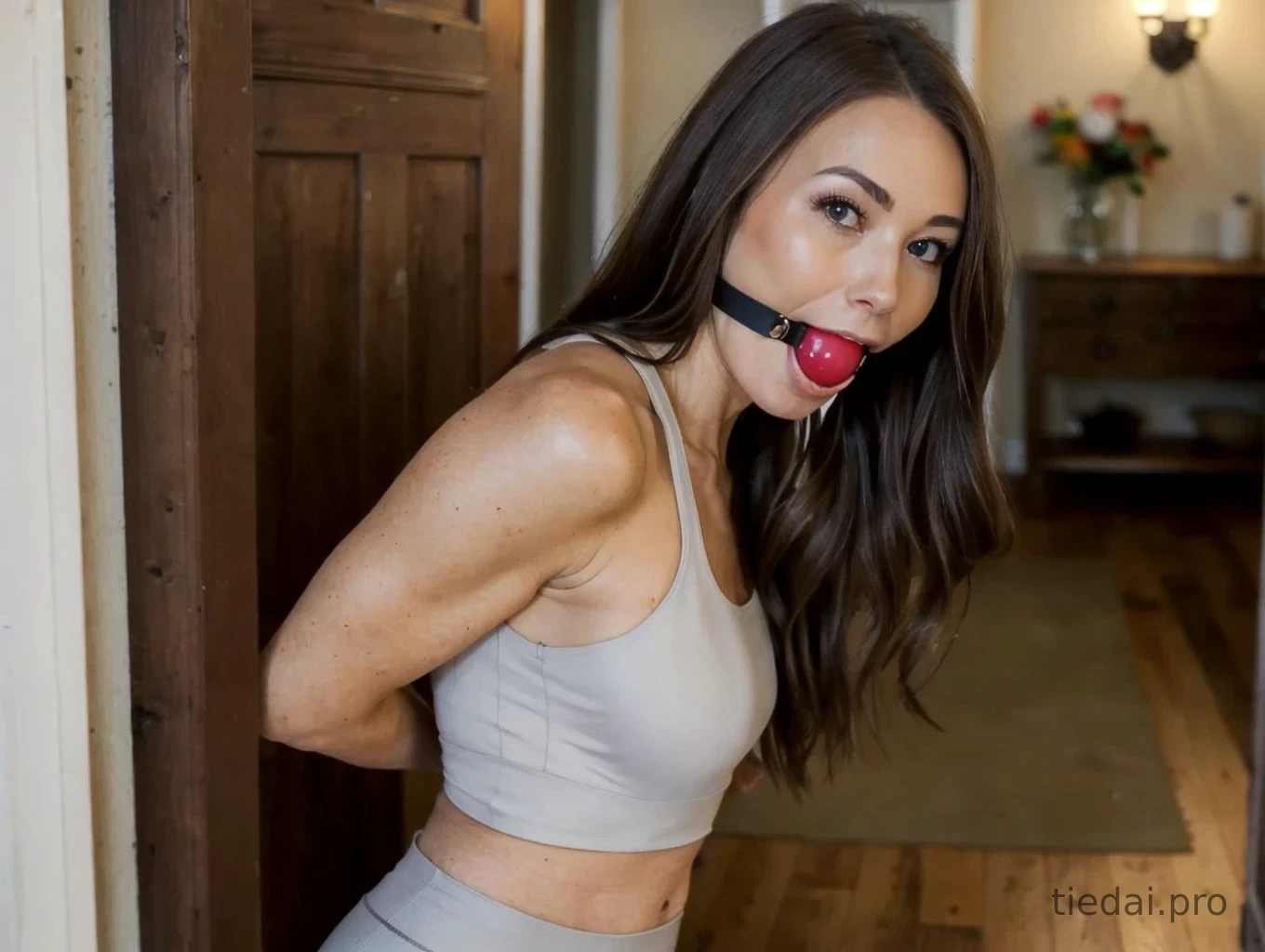 Beautiful AI generated brunette in ballgag
