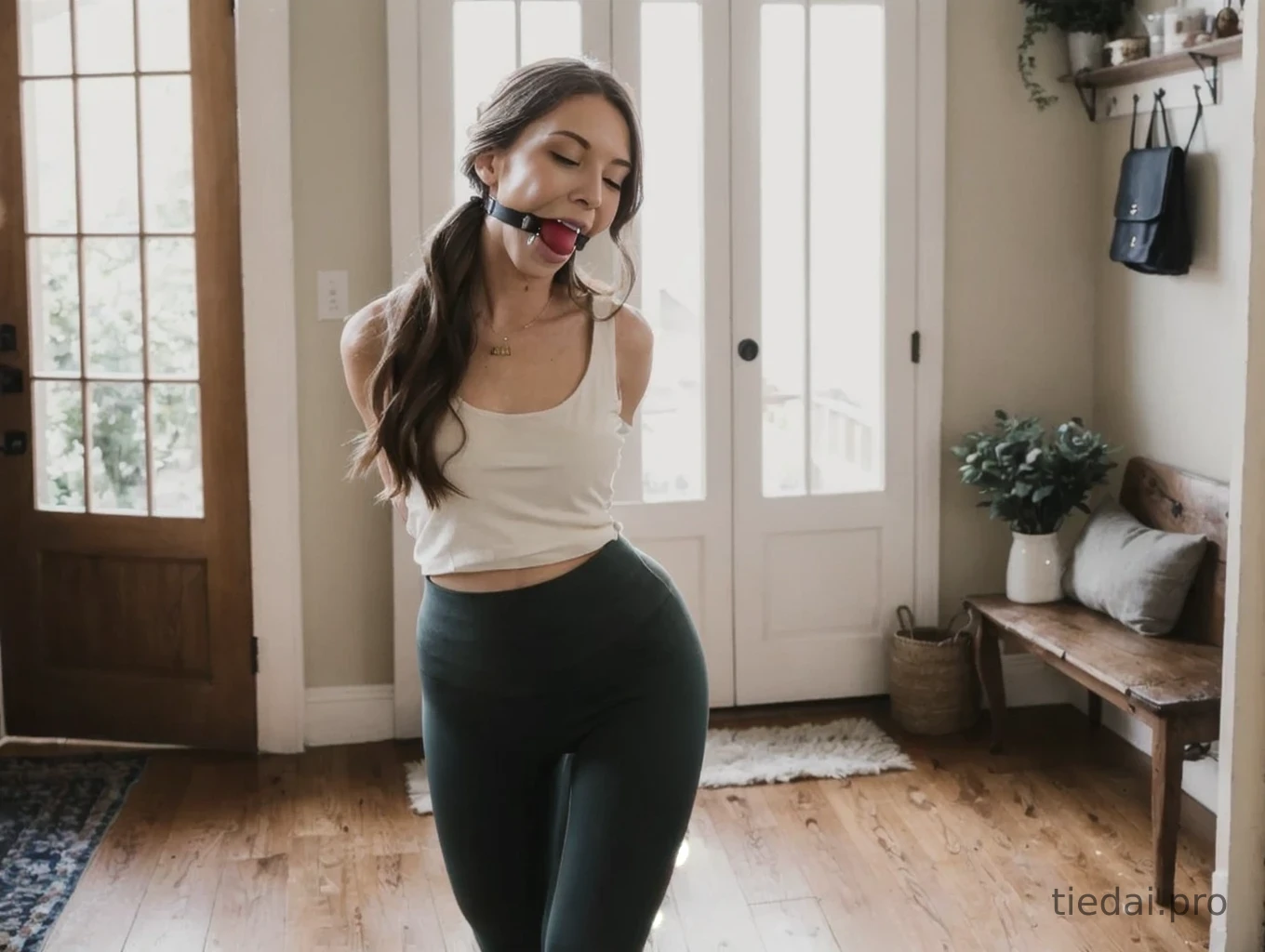 Girl next door tied and gagged in a wormly lit hallway